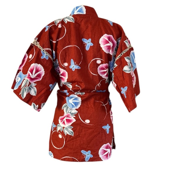 Vintage Brick Red Floral Kimono Jacket M/L 100% Cotton - Picture 4 of 15